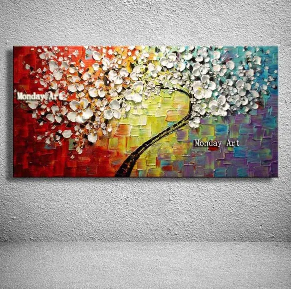 Large handmade Thick Textured picture HandPainted Palette Knife Flower Oil Painting Canvas Wall Art For Living Room Artwork - Цвет: Белый