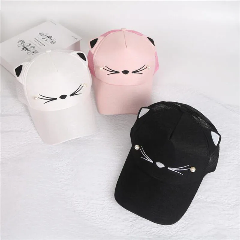 summer brand children net cap adjustable cute embroidered hat cat ears snapback cap boy hip hop hat girl pearl baseball