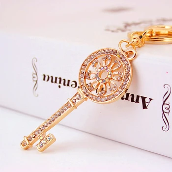 

Shiny Gold Plating With Clear Rhinestones Jeweled Hollow Key Design Metal Alloy Key Chains