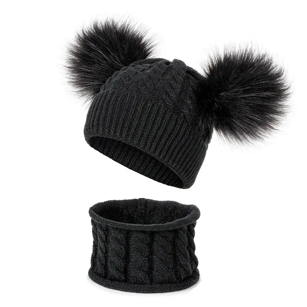 TRUENJOY 2 PCS Children Winter Knitting Hat Pom Pom Knitted Beanie Hat Ring Scarf Set for Kids Winter Skullies Hat boys girls