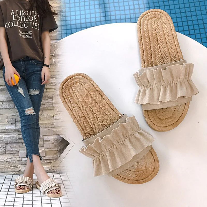

Flock ruffles flat slippers woman summer soft heel fisherman shoes fashion flower pleated beach sandals ladies flipflops female
