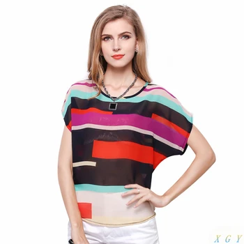 

New Women Fashion Striped Chiffon Blouse Multi Color Print Shirts Loose Short Sleeve Casual Femininas Plus Size blusas Tops