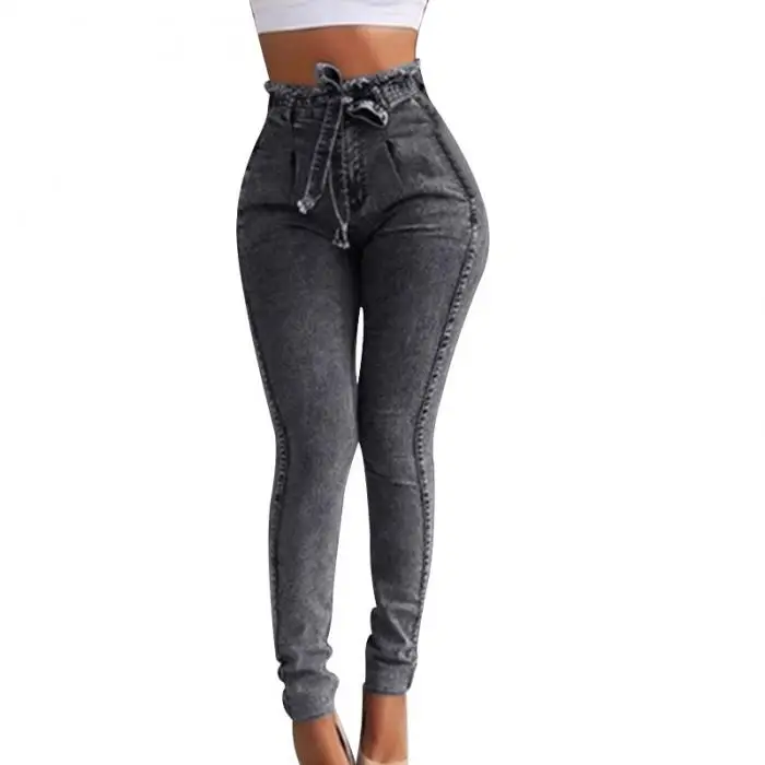 2019 женские эластичные тонкие пояс с бахромой джинсы с высокой талией повседневные модные джинсы LF88