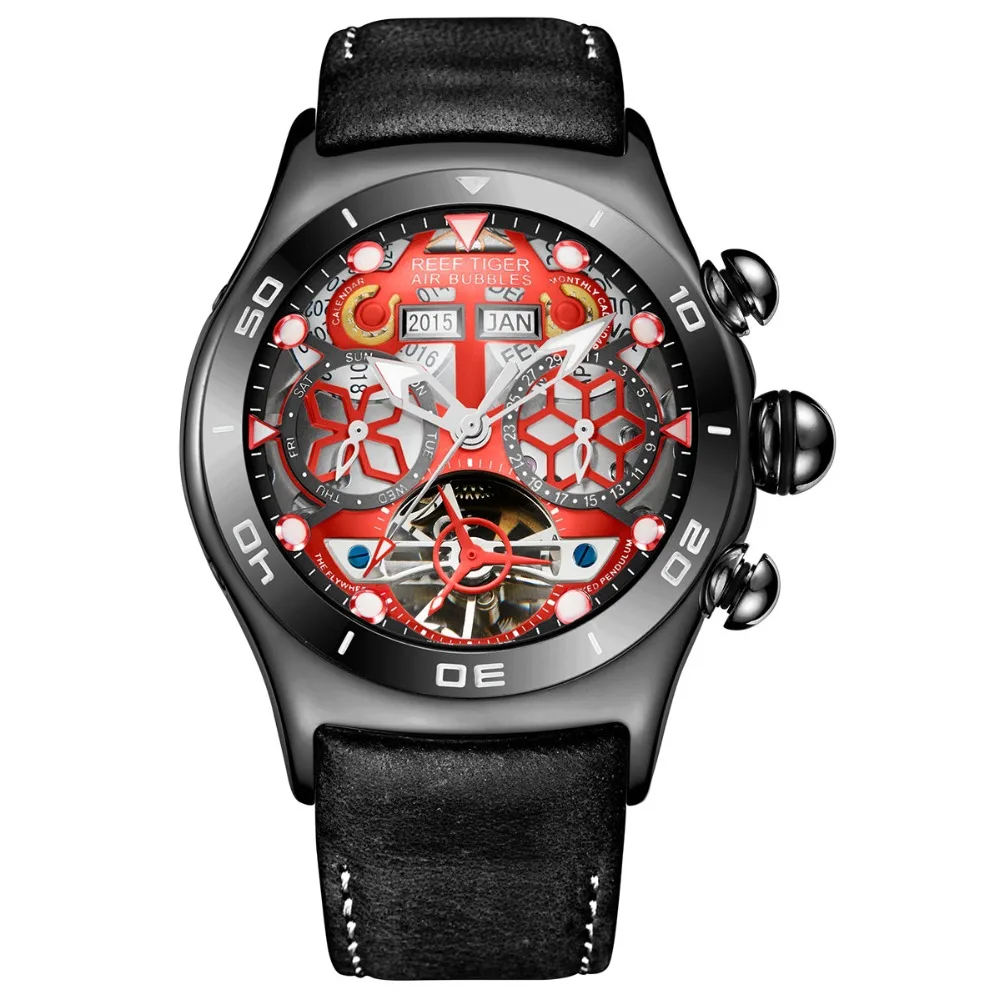 Мужские спортивные часы Reef Tiger/RT, часы со скелетонным циферблатом и стрелками, часы с датой года, месяца, дня, светящиеся черные стальные автоматические часы RGA703