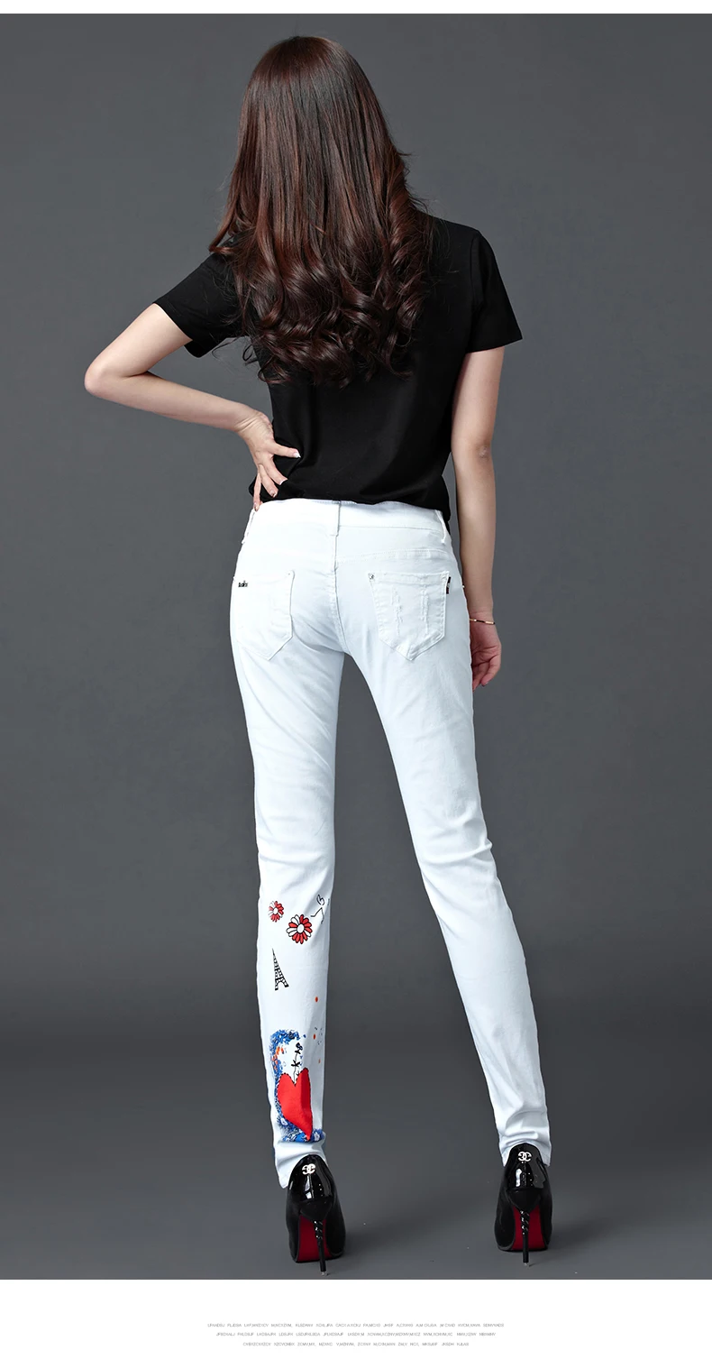 Dongdongta 2017 Summer New Jeans Women Girls Female Fashion Painted White Color Mid Waist Skinny Pencil Pants Full Length Jeans 13