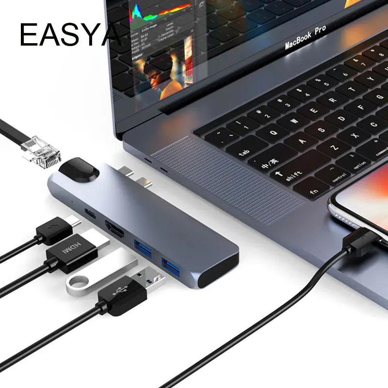 

EASYA Wholesael Thunderbolt 3 Adapter USB C Hub to HDMI 4K Rj45 1000M with PD Hub 3.0 Port for MacBook Pro/Air 2018 Type-C