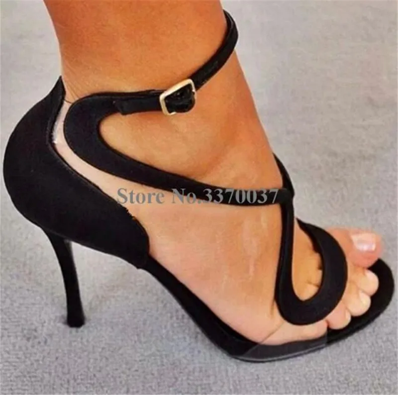 Для женщин с открытым носком черная замша кожа каблук-стилет Римские сандалии ремни из ПВХ лоскутные босоножки на высоком каблуке Клубная обувь