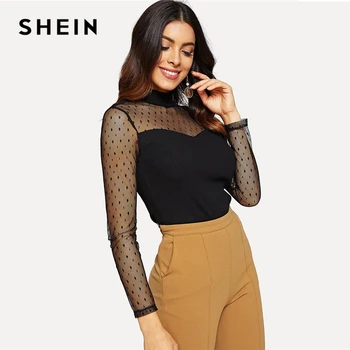 

SHEIN Black Dot Mesh Sweetheart Rib Knit Tee Stand Collar Long Sleeve Slim Fit T-shirt 2019 Women Spring Elegant Party Tops