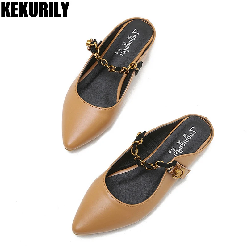 

Shoes Woman metal chain Pointed toe Slides leather Mules Ladies Flats Slippers Sandals Big size Zapatos mujer black white brown