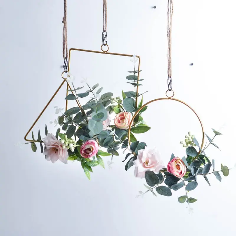 

Metal Geometric Garland Home Hanging Wreath Decoration Artificial Rose Flower Ring Holder Wall Hoop Wall Hanging Ornament