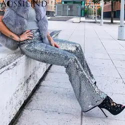 AOSSILIND Мода блестками Высокая талия повседневные штаны для женщин боковая молния расклешенные брюки уличная пикантные Клубные
