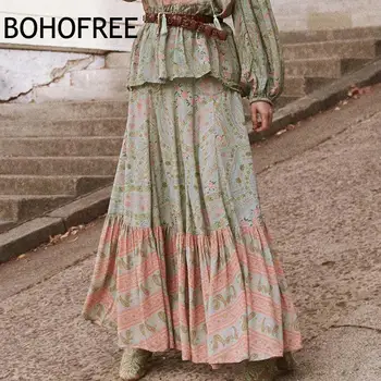 

BOHOFEE CITY LIGHTS MAXI SKIRT Zipper Floral Dancer Saia Mujer Fralda Femme Holiday Beach A-line Borda Women Skirts