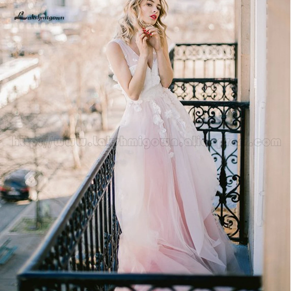 Lakshmigown, цветочное, бохо, свадебное платье, розовое,, элегантное, белое, тюль, свадебное платье, кружевное, сексуальное, принцесса, свадебное платье, Vestido Novia