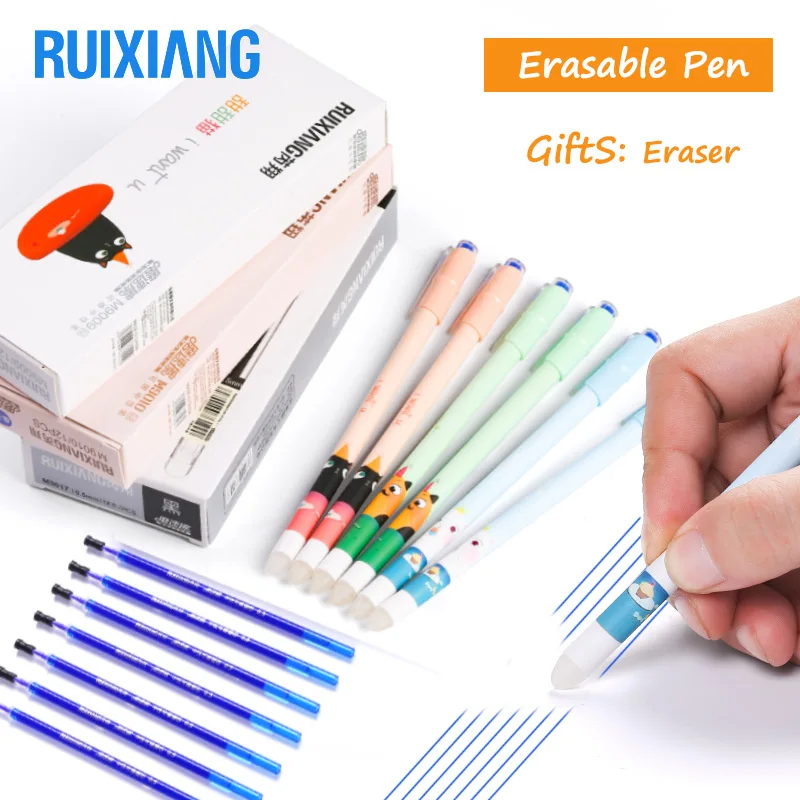 

LSOffice 12PCS/Set Student Erasable Gel Pen Ink 0.5mm Gel Pen Black Bule Popular Refill Office and School Teacher Pens Gift