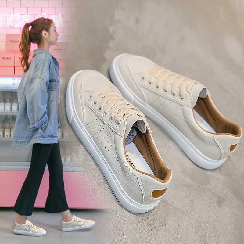 

Spring Leather Shoes for Women Solid Color Female Sneakers Basic Style Musthave Students Casual Shoes All Match Lace Up 35-40