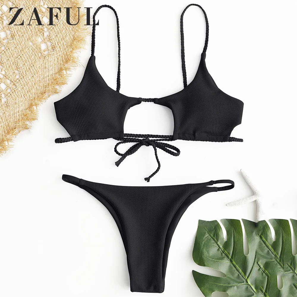 

ZAFUL Bikini Braided Ribbed Cutout Bikini Set Spaghetti Straps Low Waisted Solid Swimsuit Women Swimwear Sexy Bathing Suit