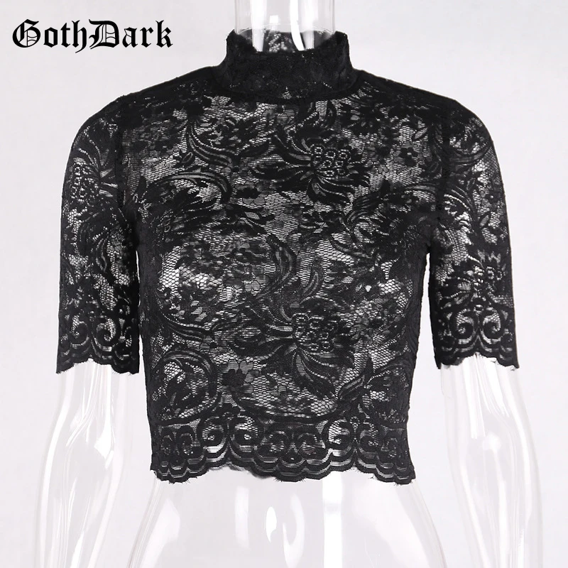 Black Mesh Aesthetic T-shirts Lace Patchwork Embroidery OG0663