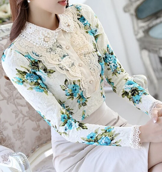 

Free Shipping High Quality New Arrival Elegant Peter Pan Collar Beads Flower Printed Woman Blouse Long Sleeve Lace Shirt
