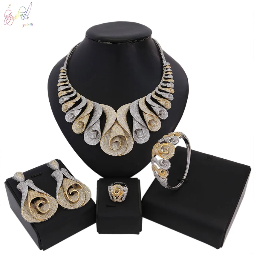 Yulaili роскошная атмосфера стиль женское ожерелье браслет, серьги, кольцо, костюм Американский Циркон Камень Высокое качество ювелирный набор - Окраска металла: As Picture