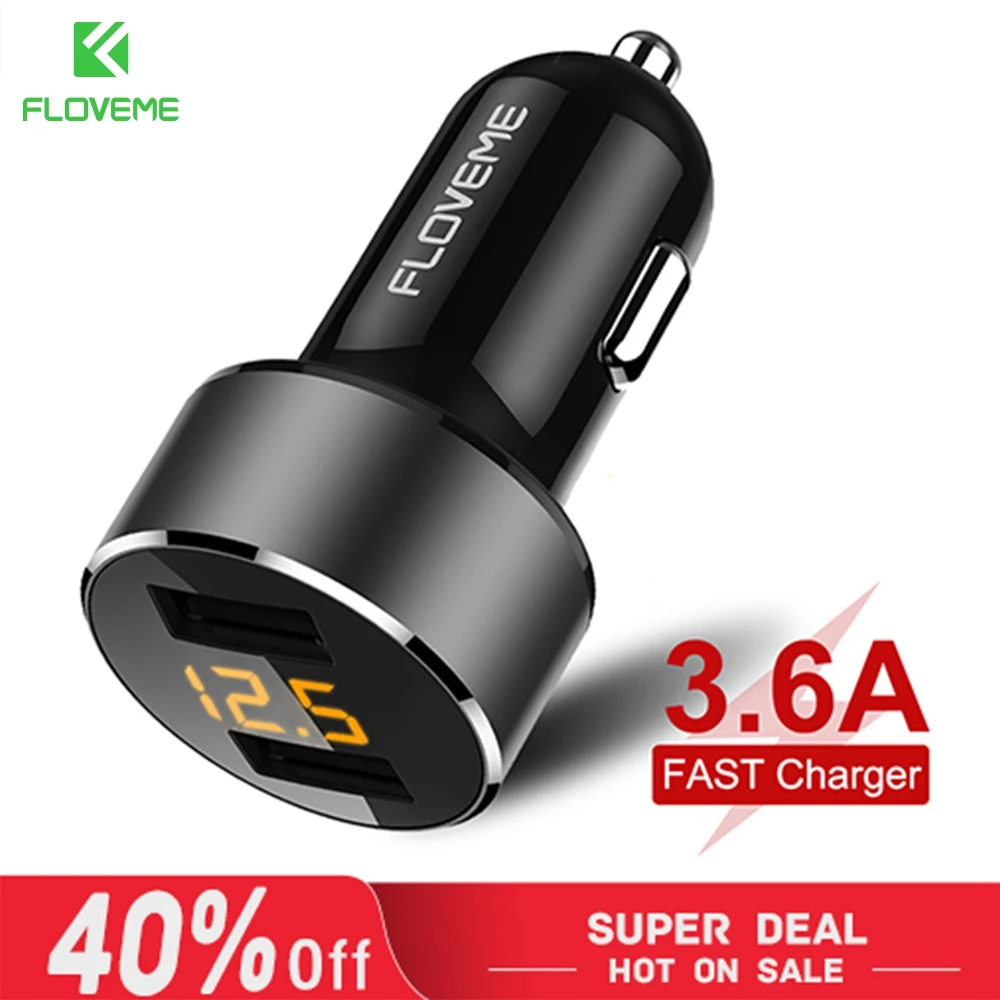

FLOVEME 18W USB Car Charger For iPhone Xiaomi 3.6A Fast Charging For Samsung Mobile Phone Dual Port LED Digital Display Charger