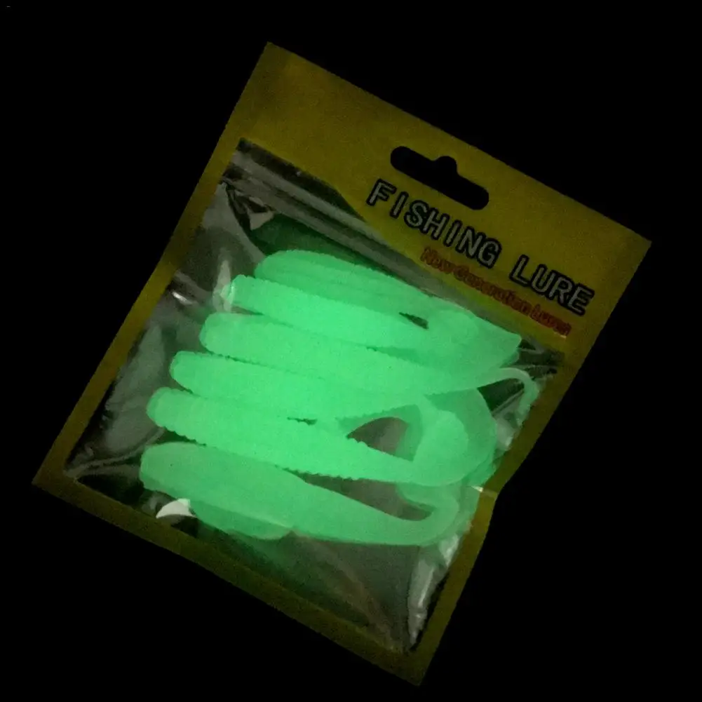 

6pcs/lot Luminous Paddle Tail Soft Grubs Glow in Dark T Tail Lure Jig Head Soft Lure for Bass Fishing Mandarin Fishing