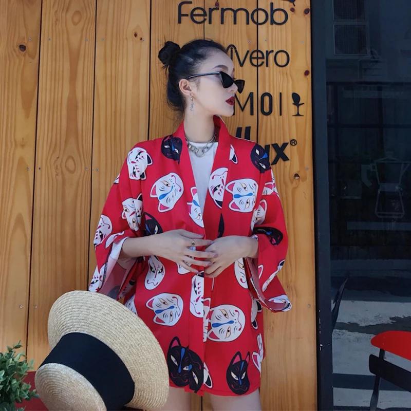 Harajuku Kimono Japanese Cats Printing Loose Casual Cardigan Sun Protect Blouse 2019 New Fashion Women Outwear