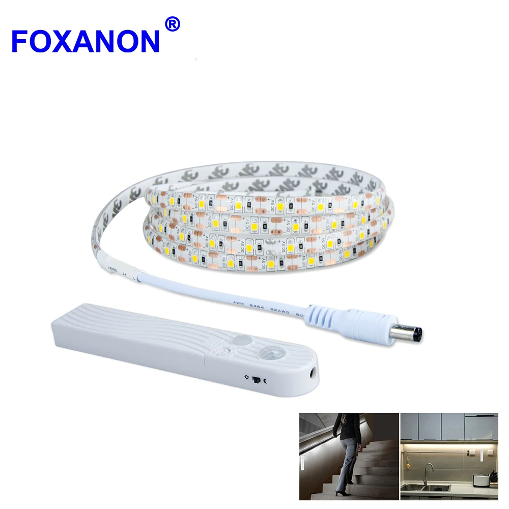 

Foxanon Night Light Wireless PIR Motion Sensor LED Lamp 1M 2M 3M USB LED Strip For TV Under Bed Cabinet Closet Stairs Nightlight