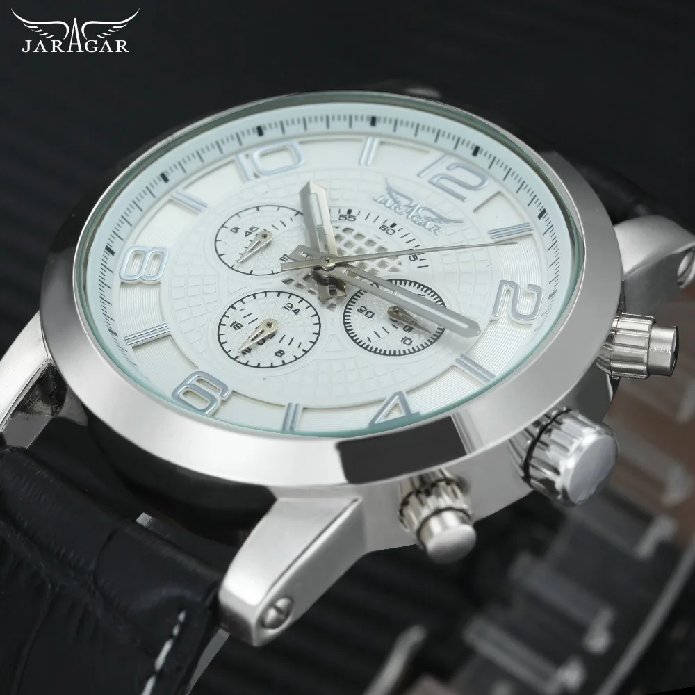 

JARAGAR Fashion Men Auto Mechanical Watch Leather Strap 3 Working Sub-dials 6 Hands Multifunction Clock Business Men Wristwatch