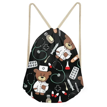 

FORUDESIGNS Drawstring Bag Women 3D Black Cartoon Doctors Bear Print Shopping Bag Kids Satchel Softback Travel Storage Mochilas
