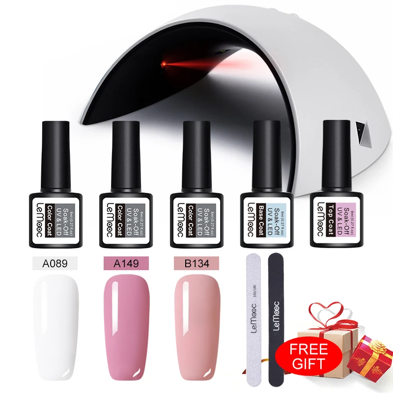 

LEMOOC 8Pcs/set 8ml Pure Color Gel Nail Polish Soak Off UV Gel Varnish 100/180 Nail File No Wipe Matte Top Coat Base Coat Set