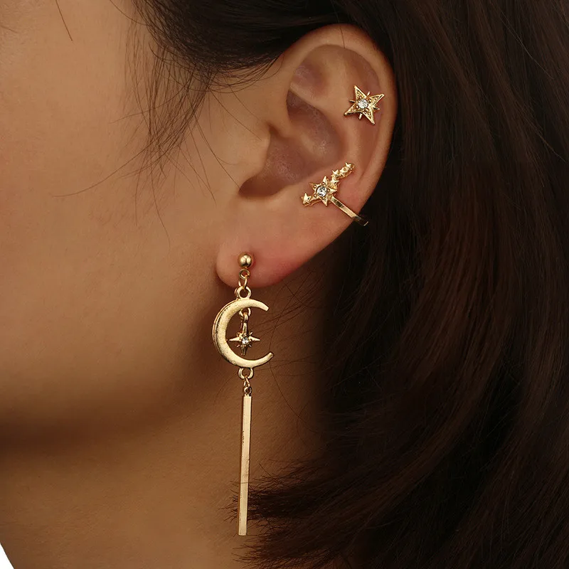 

Fashion Women Bohemian Moon Star Ear Stud Set Alloy Gold Color Tassel Earrings Ear Clip Set Jewelry for Women Brincos Bijoux