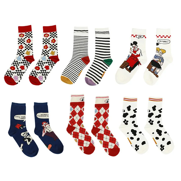 6 Pairs A Lot Harajuku Playful Pattern Women Cute Socks Cotton Cartoon Letters Striped Sock For Men