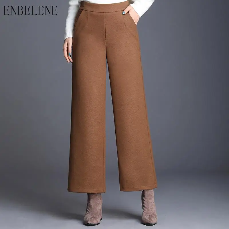

2019 Winter Woollen Ankle-length Pants Women Solid Brown Black High Waist Pant For Female Loose Wide Leg Pants Office Lady GJ273