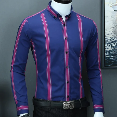 Мужская рубашка в синюю и желтую полоску, приталенная, повседневная, простой дизайн, длинный рукав, пуговицы, воротник, удобные хлопковые рубашки - Цвет: CZYJ6610