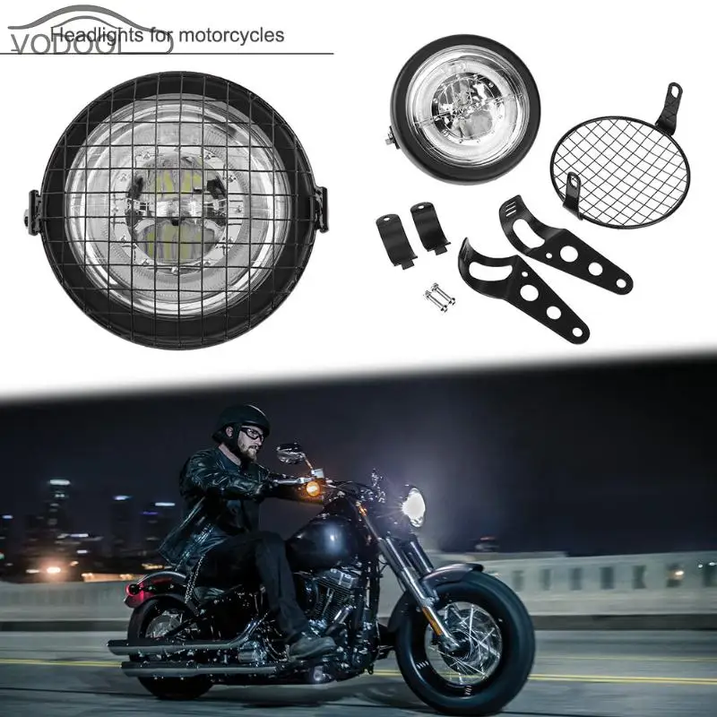 

12V Motorcycle Headlight Round Angle Eye LED Headlamp with Bracket Grille Cover 6000K Moto Head Light Lamp Accessories