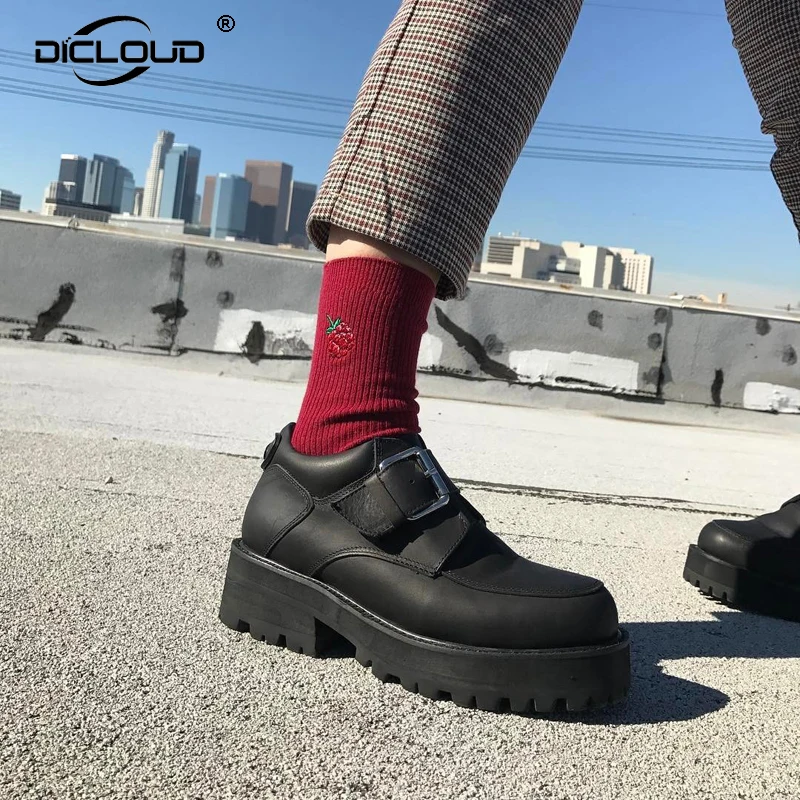 

Harajuku Black Leather Creepers Women Spring Autumn Flats Punk Street Fashion Platform Shoes Brogues Shoes Vintage Buckle Flats