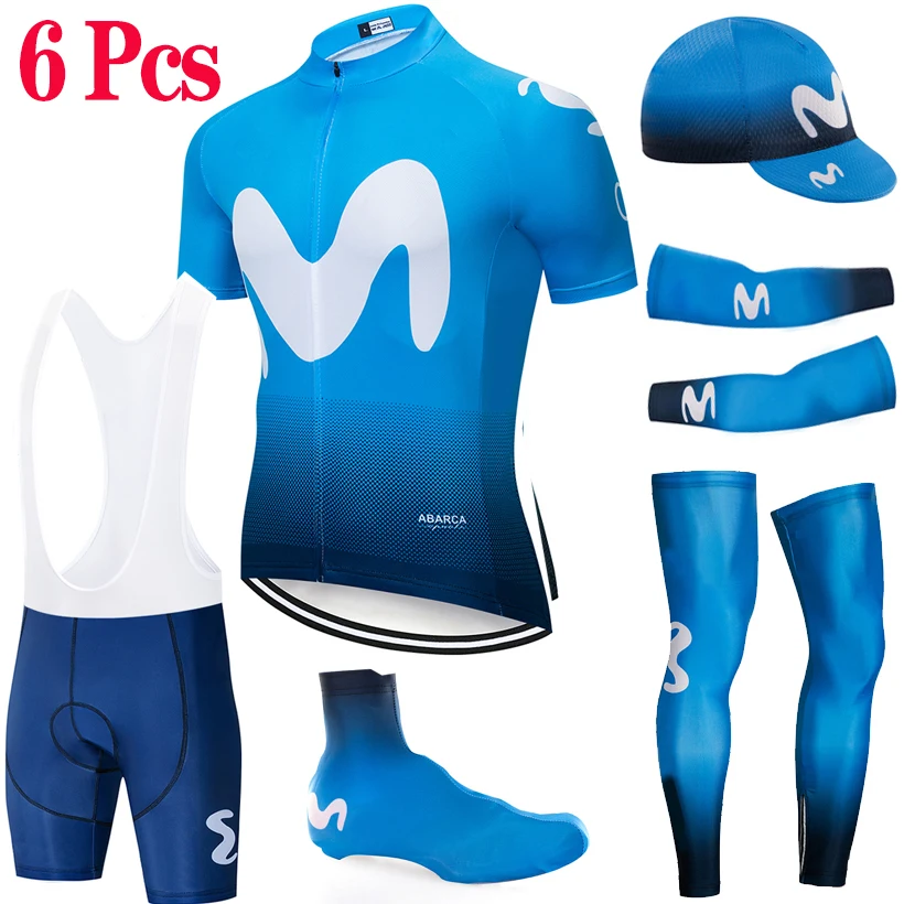 

2019 Movistar Cycling Full set 6pcs Bike jersey Quick Dry Men Ropa Ciclismo clothes Caps shoe covers bike shorts arm leg warmers