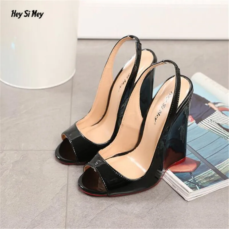 

HSM shoes woman women Pointed Toe Peep Toe sandals 14cm summer Wedges Thin heels Nightclub Peep Toe feminino Fashion Show