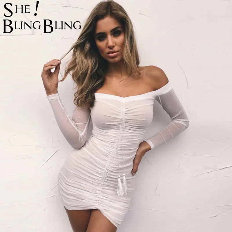 Сексуальное прозрачное Сетчатое женское платье SheBlingBling с рюшами модное