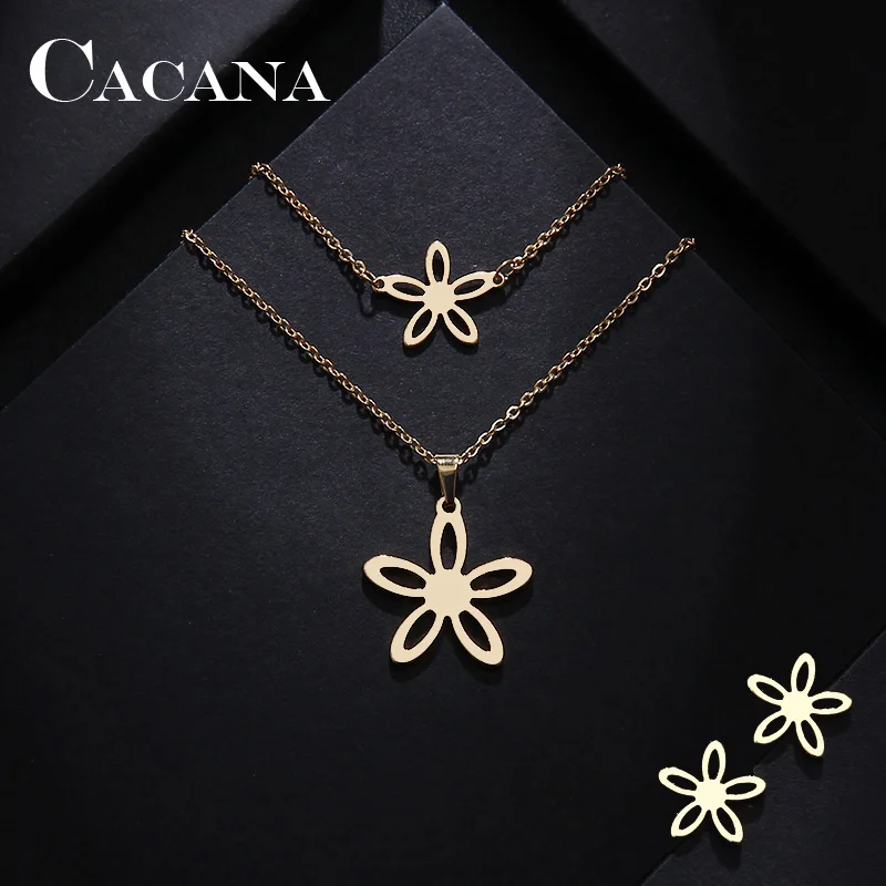 CACANA Stainless Steel Sets For Women Flower Shape Necklace Bracelet Earring Jewelry Lover's Engagement Jewelry S277