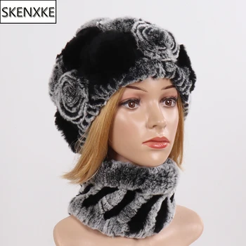 

New Knitted Winter Rex Rabbit Fur Hats Scarves Women Good Elastic 100% Genuine Fur Caps Scarves Sets Lady Real Fur Hat Muffler