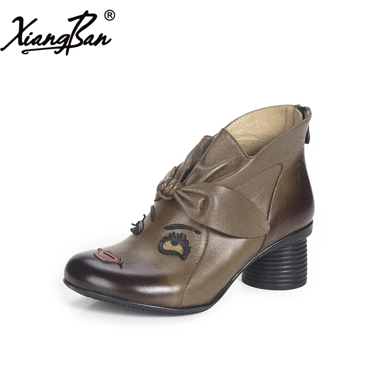 

Xiangban 2019 spring autumn winter women shoes high heels women ankle boots retro ethnic wind personality leather boots W50091