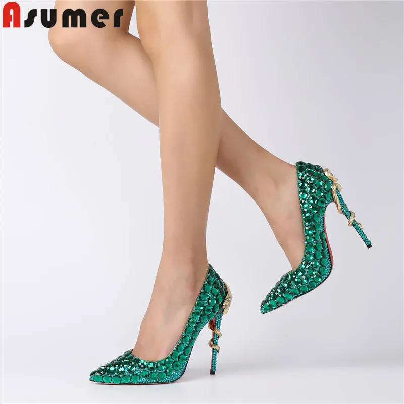 

ASUMER 2019 new pumps shoes women pointed toe shallow crystal super high heels prom wedding shoes Manual inlay drill size 35-41