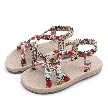 

Children Shoes Summer Sandals Girls Shoes Woven Flat With Strap Sandals Kids Baby Floral Soft Bottom Beach Sandals Fashion