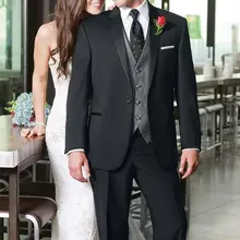 Костюм для жениха черный лацкан с тупым углом, на одной пуговице, из шифона и удлиненным шлейфом из Handsome3Pieces Arrival2016Fashion Terno выполненный на заказ