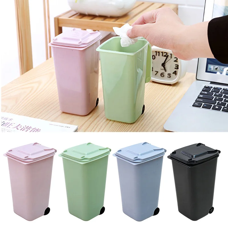 

Household Office Supplies Creative Wheelie Mini Trash Can Desktop Plastic Bucket Dustbin Mini Waste Bins Small Scissors Pencil