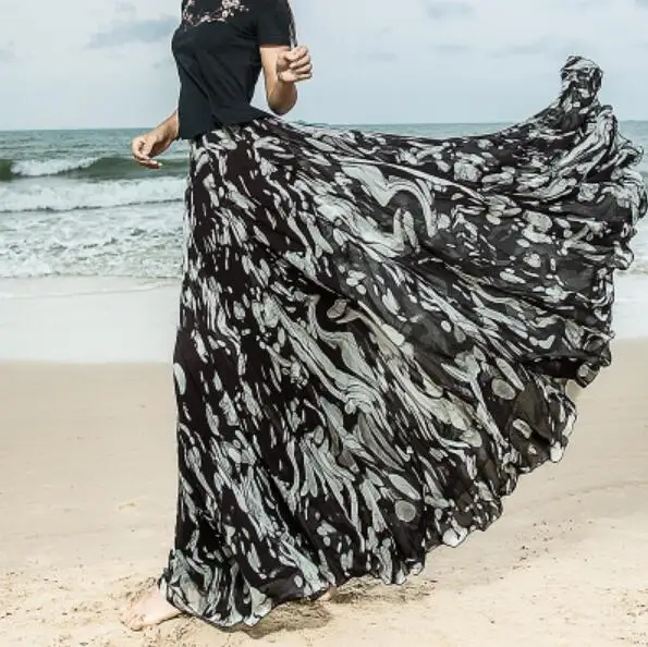

XS-4XL Summer New Fashion 2019 Brand High Waist Black Print Pleated Chiffon Skirt Women Fairy Large Swing Maxi Long Skirts