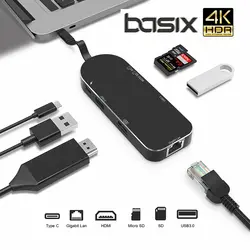 BASIX USB hub 7in1USB 3,1 Тип C к HDMI 4 К 1000 м Rj45 Gigabit Ethernet SD/TF ридер USB 3,0 концентратор и Тип C PD зарядки Порты и разъёмы