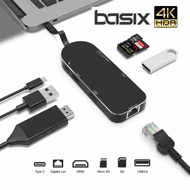 

BASIX USB hub 7in1USB 3.1 Type C to HDMI 4K 1000M Rj45 Gigabit Ethernet SD/TF Card Reader USB 3.0 Hub andType C PD Charging Port