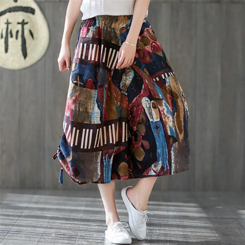 Summer Women Cropped Harem Pants Cotton Linen Wide Leg Pants Female Beach Casual Boho Print Multi-color Capri Pants Summer Women Cropped Harem Pants Cotton Linen Wide Leg Pants Female Beach Casual Boho Print Multi-color Capri Pants